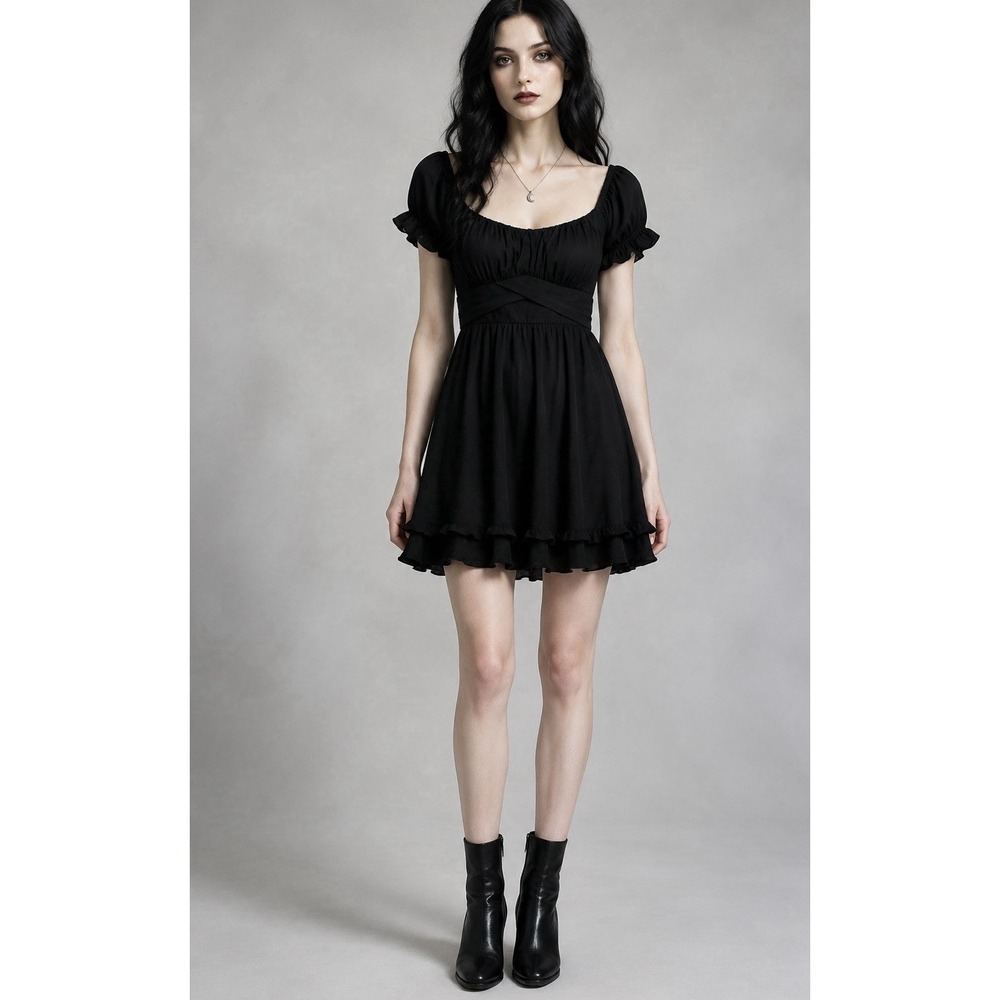 Charmed Hearts Black Mini Dress M Whimsigoth Fairy Grunge Y2K Ruffle Tie Back